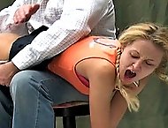 Euro slut with pigtails gets bent over and spanked