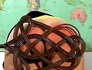 Blistering swats with a carpet beater on school girl's pert bare bottom - red raw cheeks