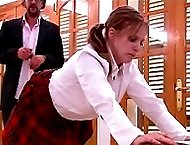 Blistering cane strokes bite hard on exposed naked school girl buttocks